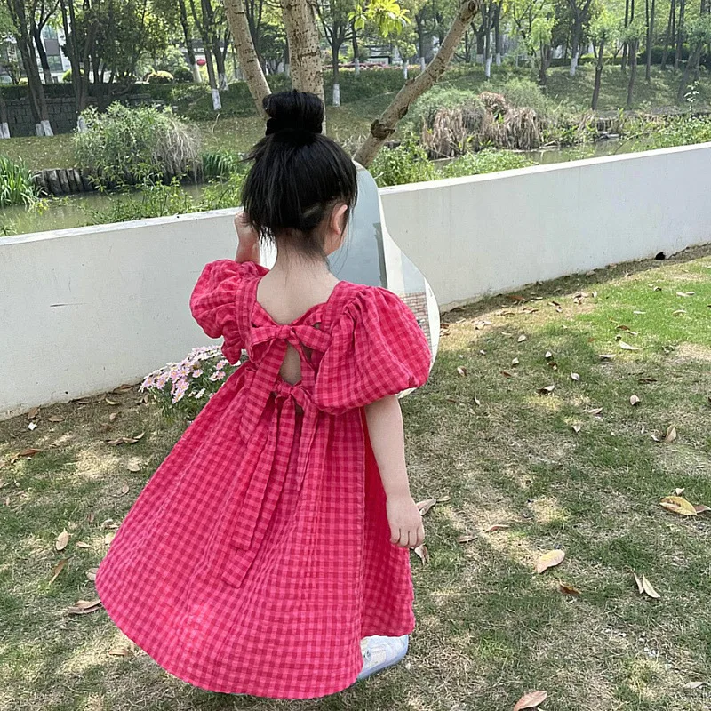 Bear Leader Rose Pink Plaid Bow Dress Elegant Lolita Child Big Girls Midi Dress Children Dresses Teens Party Princess Sundress