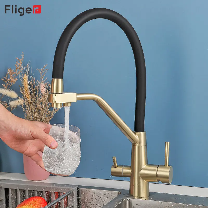 Fliger Water Filter Kitchen Faucet Kithcen Purified Faucet 360 Degree Rotation Crane Three Ways Sink Mixer Drinking Water Tap