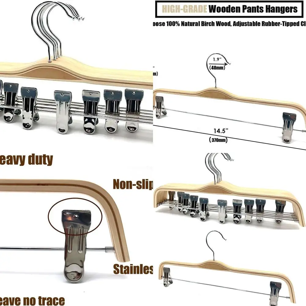 

14.5 Natural Wood Pants Hangers with Adjustable Clips for Skirts, Slacks, Jeans, and Shorts