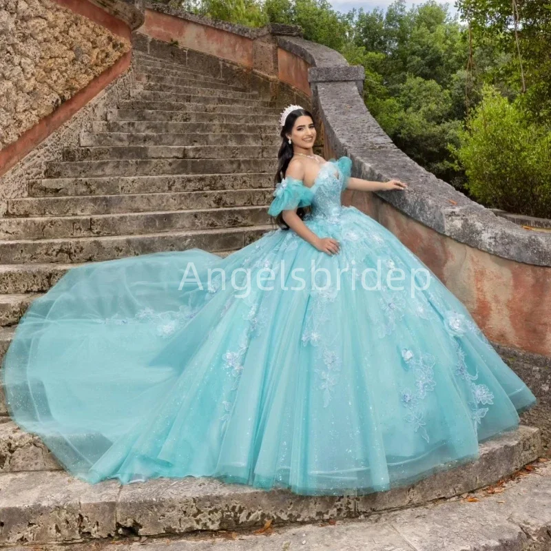 Angelsbride Water Blue Ball Gown Quinceanera Dresses Vestidos De 15 Quinceañera Glitter Sequined Princess Girl Party Dress