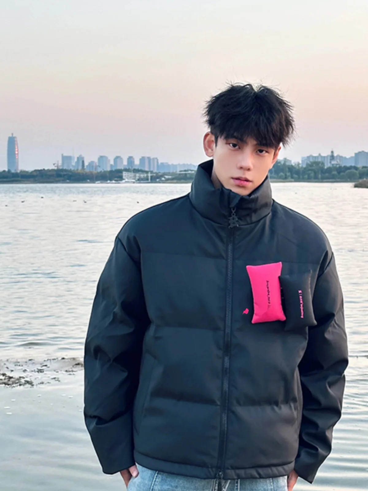 

Bla Detachable Patchwork Cotton Jaet Men's Winter American Retro Hatl Stand Collar Outerwear Warmth Bread Coat