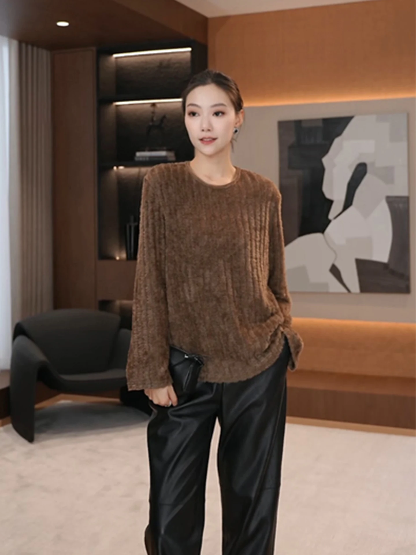 

Женский свободный свитшот с длинным рукавом и круглым вырезом, удобный, дышащий, повседневный, вязаный, весенняя новинка