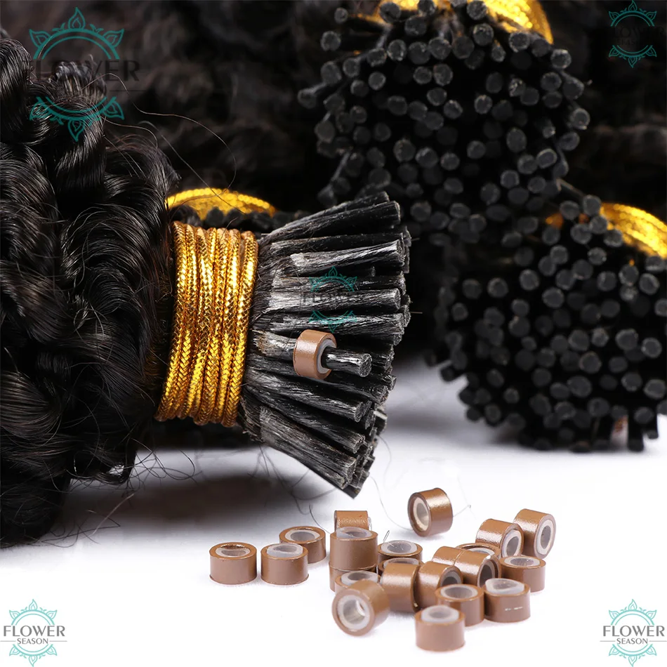 Flowerseason Curly I Tip Hair Extensions Human Hair Microlink Hair Extensions For Black Women 100 Strands/Pack Natural Black