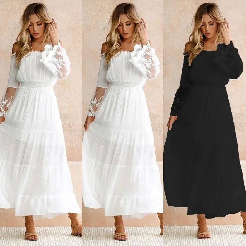 

Women Lace Dress Big Swing Slash Neck Mesh Elegant Solid Spring Summer Lady Casual Pullover Chest Wrap Party Long Clothing