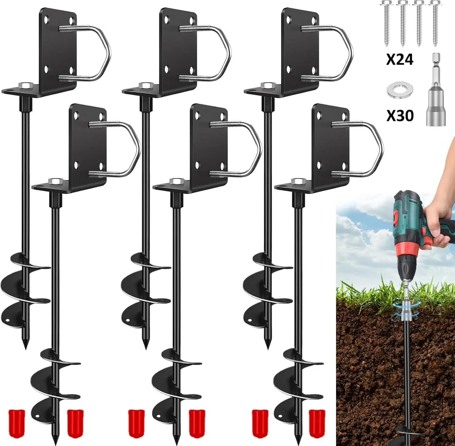 

17'' Heavy-Duty Ground Anchor, 6 Pcs Multi-Purpose Stakes for Trampolines, RVs, Carports - Strong Wind Resistance