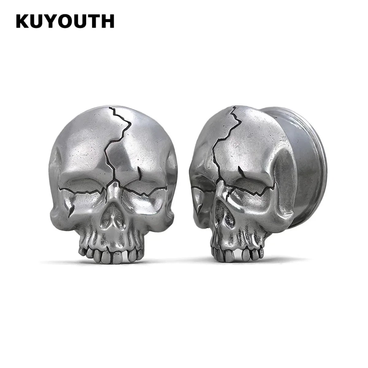 KUYOUTH 2PCS Cracked Skull Ear Tunnels Plugs Ear Gauges Stretchers Expander Gothic Body Piercing Jewelry For Men Women 6‑25mm