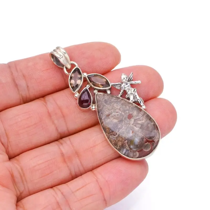 StarGems Natural Ocean Jasper&Smoky Quartz And Amethyst Angle Handmade 925 Sterling Silver Pendant 2 1/4