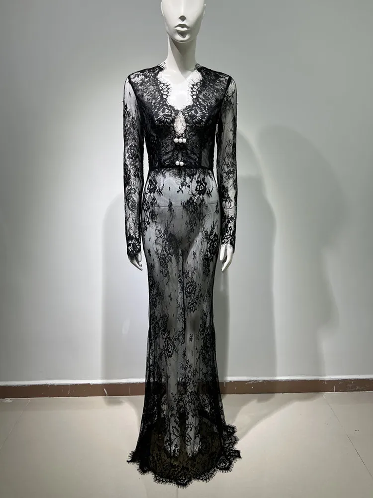 Women Celebrity Sexy Long Sleeve Black Lace Maxi Long  Dress 2024 Elegant Party Evening Stage Performance Dress Vestido image 2