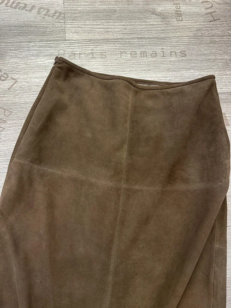 Retro High Grade Suede Real Leather Long Skirt 80cm For Women Upgraded Imported Jupe Back Split Waist Loop Faldas Ankle-Length