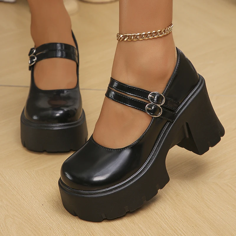 Double Buckle High Heels Mary Jane Shoes for Women Patent Leather Chunky Platform Pumps Woman Black White Lolita Shoes Female