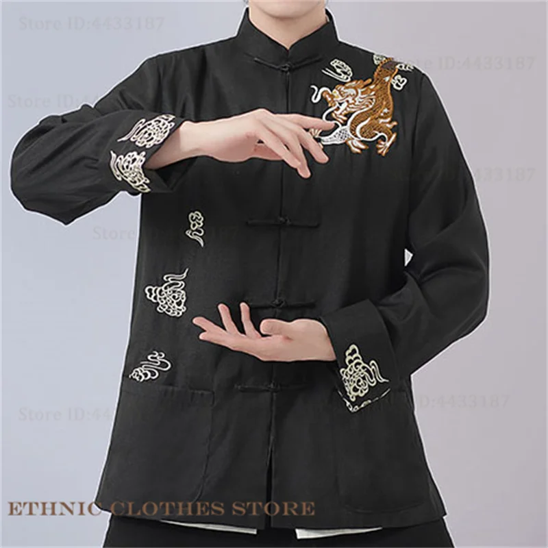 

Мужская одежда в традиционном китайском стиле, рубашка с вышивкой дракона, куртка в стиле ретро Hanfu Cheongsam, топ кунг-фу, тай-чи, рубашка, пальто