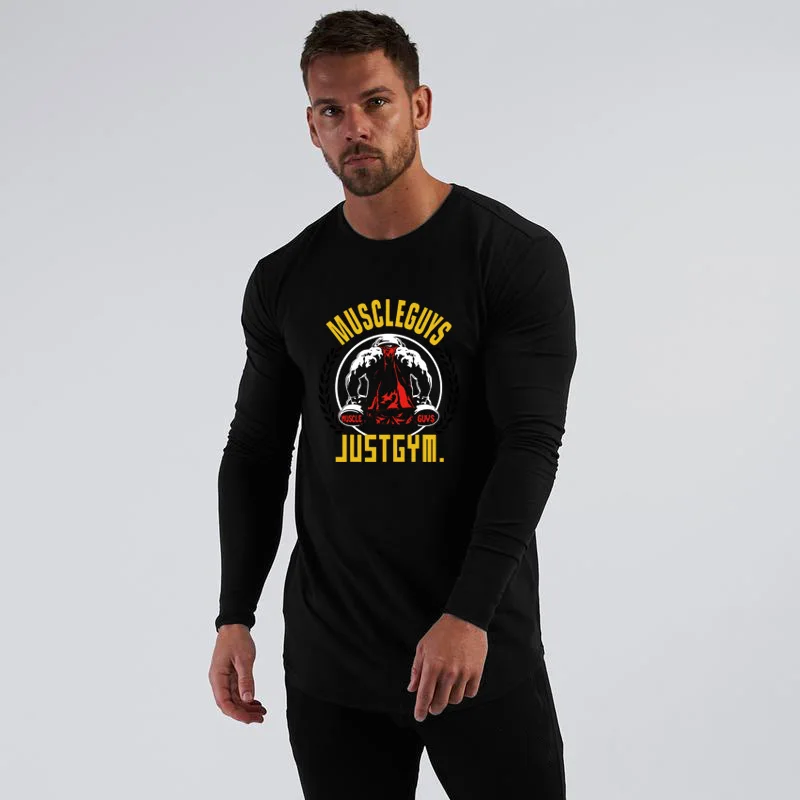 

Muscleguys Mens Running T-Shirts Spring Long Sleeve Tee Shirts O-Neck Casual Sports Tees Cotton Stretch Tshirts Gym Clothing