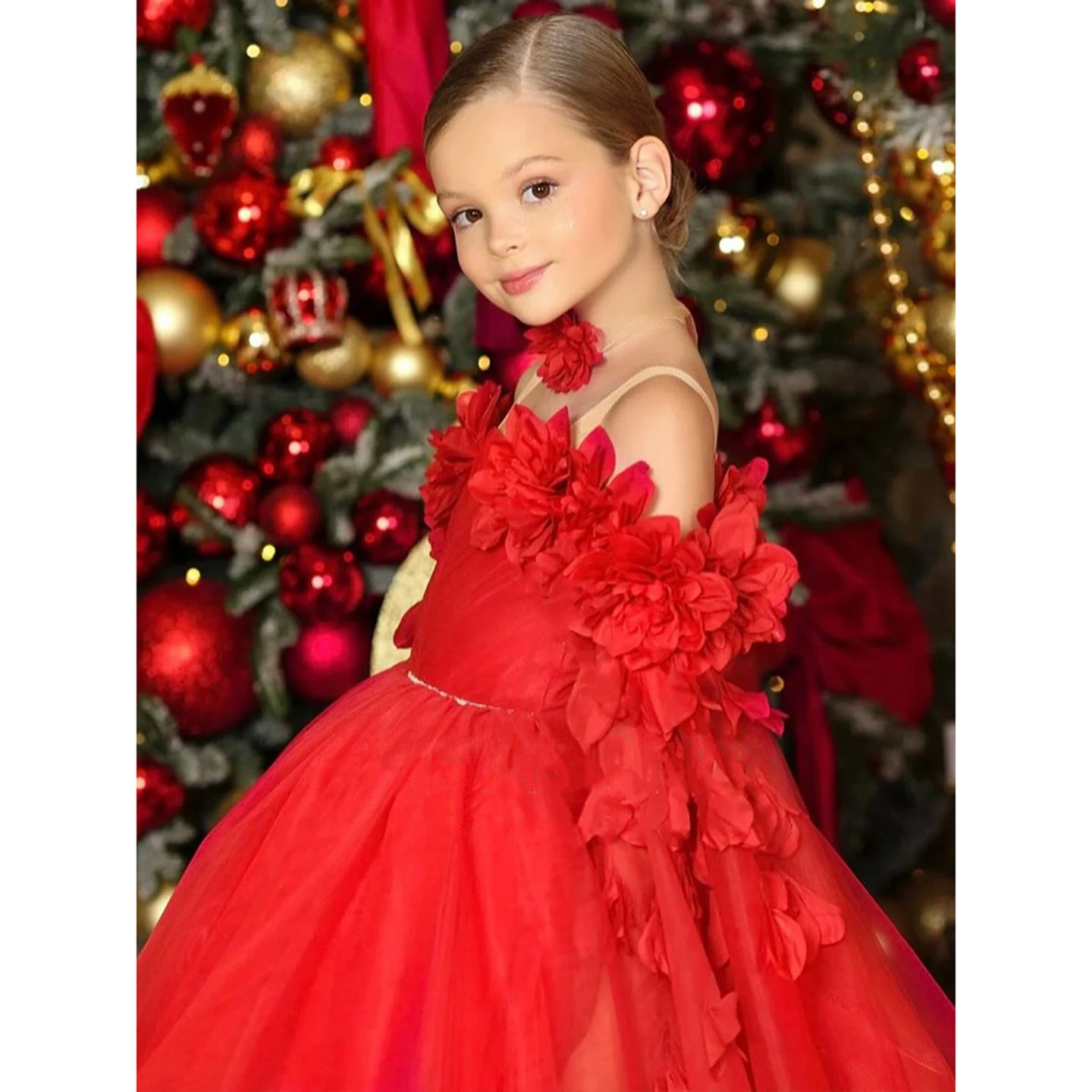 

Luxurious Red Girls Princess Ball Gown Off-the-Shoulder Square Neck Flower Girl Gress Birthday Party and Wedding Evening Dress
