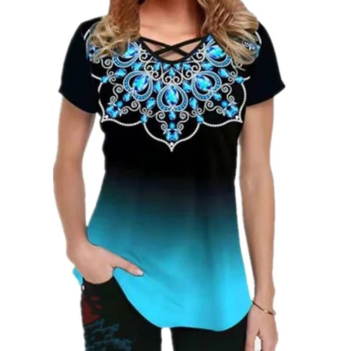 Imagen 2 del producto Nuevas blusas con estampado degradado a la moda para mujer, pantalón corto informal de manga corta con cuello en V, camisa cruzada de verano de gran tamaño para mujer, Tops de talla grande 8XL