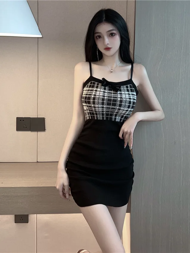 여성 체크 무늬 스플라이싱 스퀘어 넥 슬링 원피스, 활 대비 색상, 섹시한 소녀, 짧은 허리 원피스, 37EZ, 2024 여름