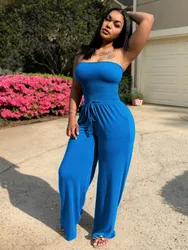 Sexy Women's Strapless Straight Jumpsuits Fashion Lace Up Wide Leg Overfit Streetwear Solid Color Long Casual Romper Комбинезоны