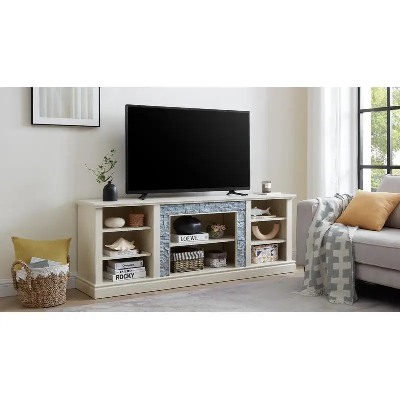 Large TV Desk Storage Rack with Faux Stone Surround, Media Console Table, Modern TV Stand with Large Storage Cabinet, White,