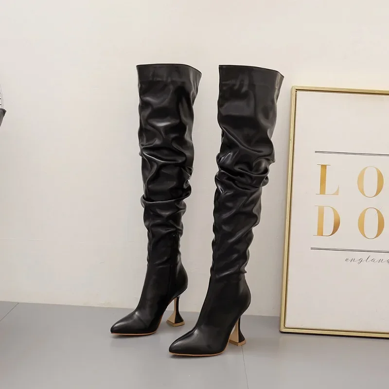 2024 neue Winter Lederstiefel Frauen Stiletto spitzen Zehen weißen Absatz Knies tiefel Weinglas Absatz Seite Reiß verschluss Oberschenkel Gigh Booties