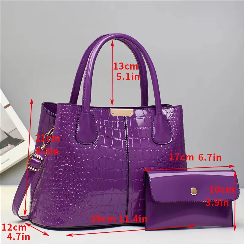 Chic Crocodile-Embossed Tote Bag Set for Women - Faux Leather, Includes Clutch Purse, Zip Closure, Available in Purple/Black