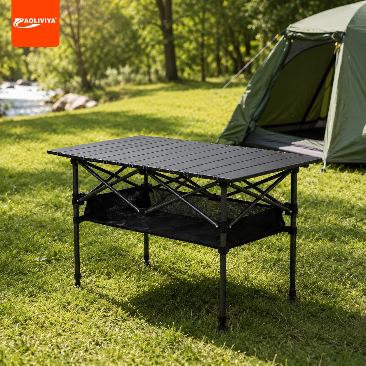 AOLIVIYA Mesa Plegable Moderna y Ajustable para Exteriores, de Acero al Carbono con Bolsillo de Red Metálica, Portátil para Picnic, Camping y Venta Ambulante