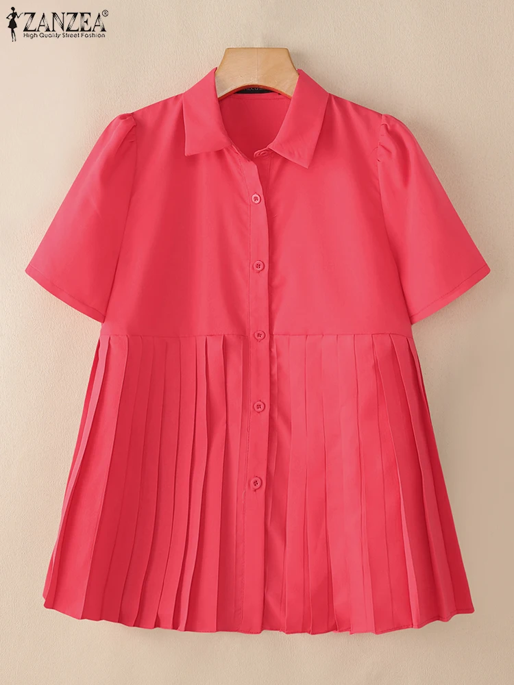 ZANZEA Summer Office Shirts Fashion Women Shirt Women Solid Pleated Blouse Female OL Work Blusas Lapel Neck Short Sleeve Tops