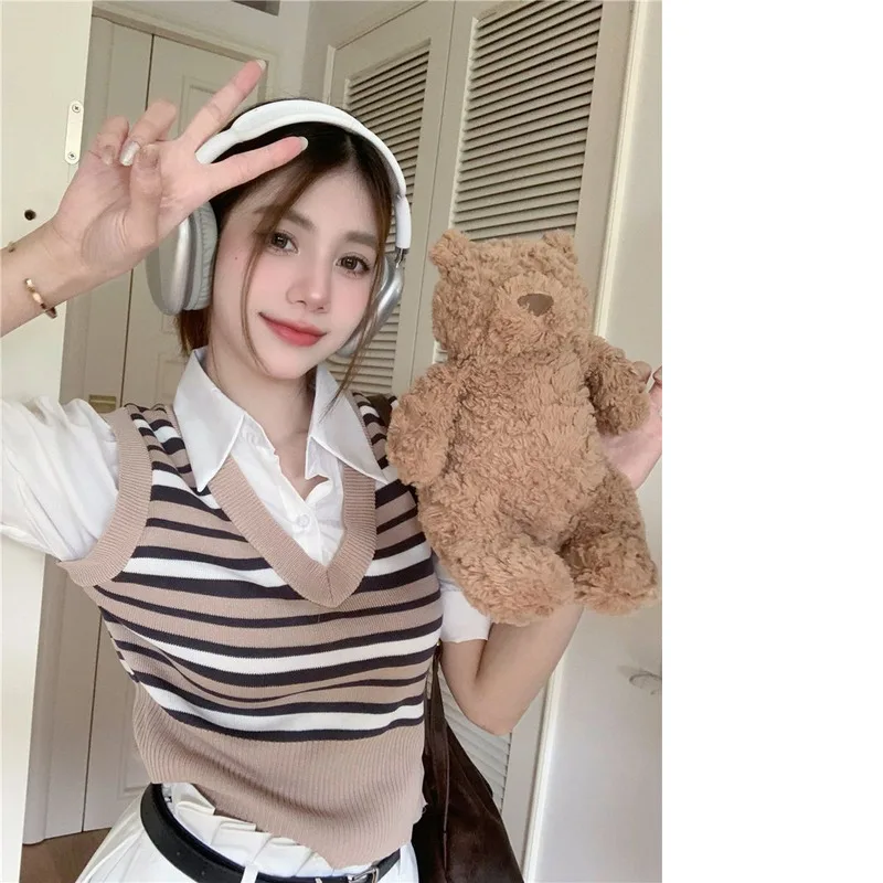 Two-piece Patchwork POL0 Neck Knitted T-shirt Women's T-shirt Summer New Contrasting Stripes Stylish Slim Fit Bubble Sleeve