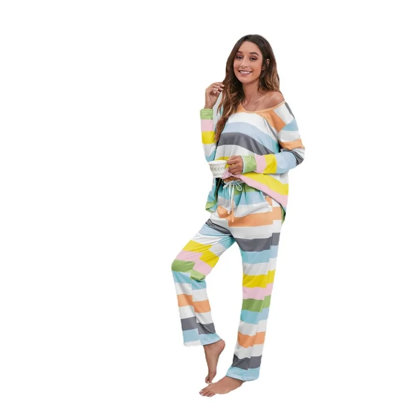 Autumn Winter New Arrival Plus Size Striped Print Casual Loungewear Set Women Oversize Outdoor Wear Two Piece Long Sleeve 4XL