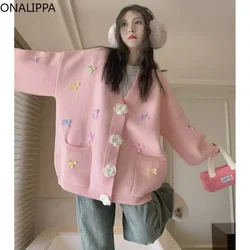 Onalippa Slouchy Style Sweet Knitted Cardigan Three Dimensional Flowers Buttons Bows Cardigans Korean Fashion Mid-length Sweater