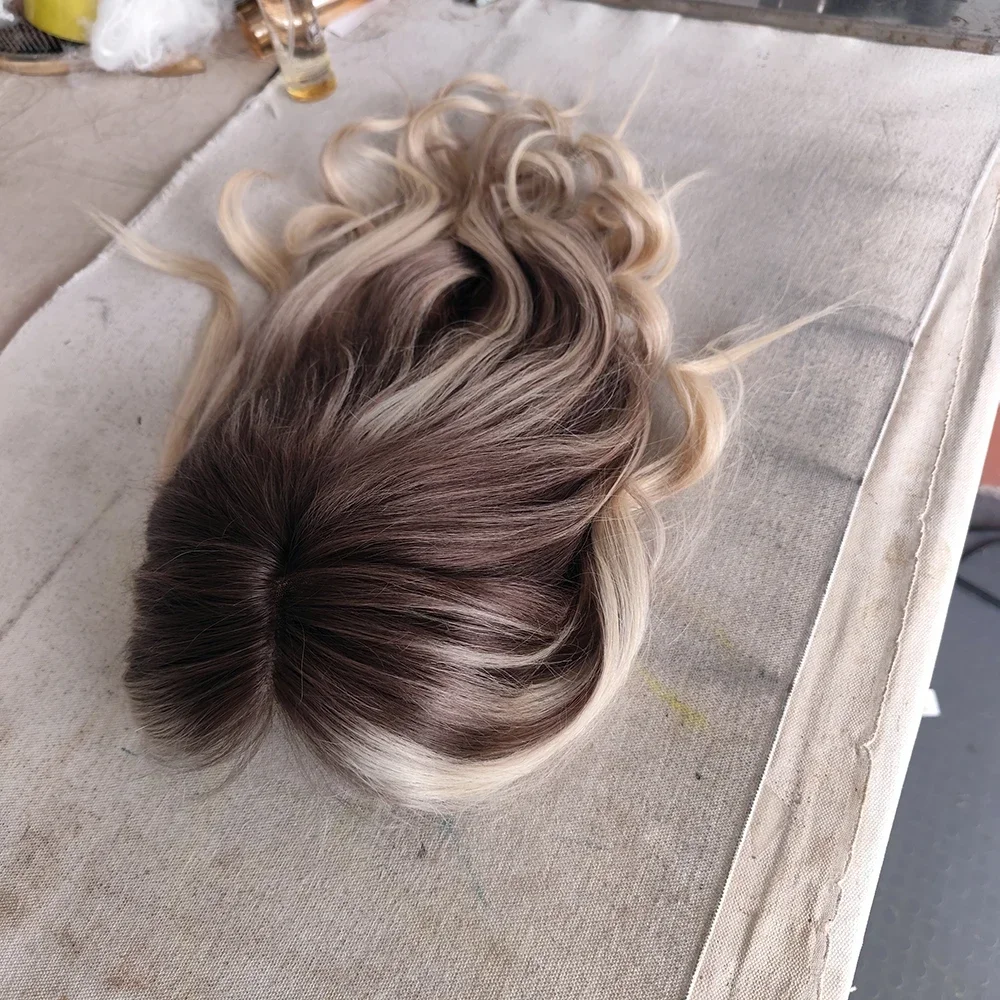 8x10인치 대형 레이스 베이스 인모 토퍼 클립형 웨이브 옴브레 브라운 블론드 자연스러운 헤어피스 (탈모 및 머리숱 감소용)