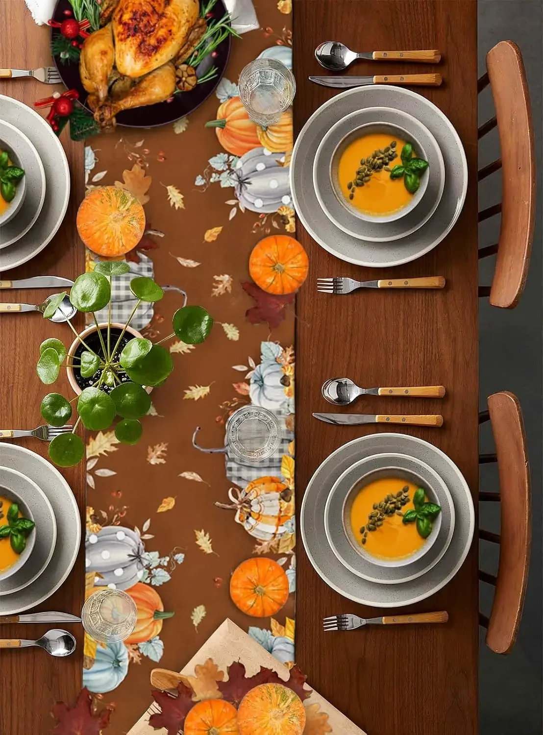 1Pc Autumn Pumpkin Leaf Bird Print Table Runner Brown Harvest Festival Table Cover Dining Room Kitchen Decoration Tabletop Decor