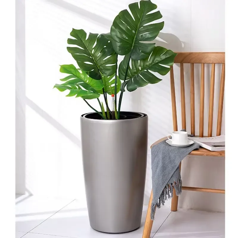 for Modern Simple Large Floor Standing Plastic Flower Pot Tall Cylinder Shape Self Watering Feature Planter Direct Sale