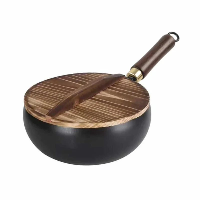 Handgefertigter Wok, gusseiserne Bratpfanne mit Deckel und Holzgriff, antihaftbeschichtet, Durchmesser 24/28 cm, traditionelle Herstellung, unbeschichtet, geeignet für Gas- und Induktionsherde.