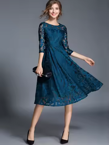 Spring Autumn Mid Length Lace Dress Women's Clothes Seven Middle Sleeve Slim Fit Ladylike Elegant Evening Dress Party Dresses