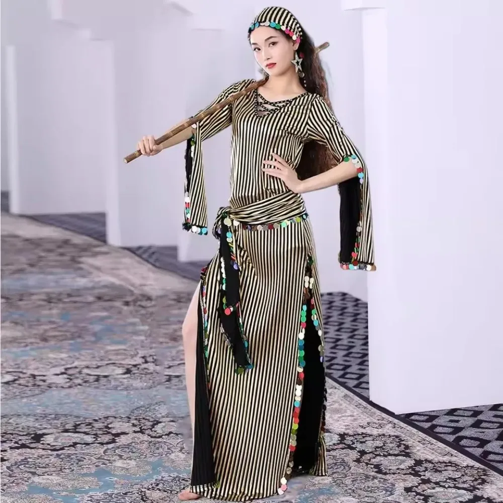 

Костюм для восточных танцев больших размеров: платье для балади, народный костюм саиди, египетская роба, кабаретный наряд, золотое платье с монетами, платок