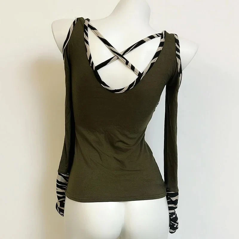 2025 nova picante menina zebra impressão colheita topo americano retro sem costas fino ajuste manga longa camiseta feminina harajuku y2k