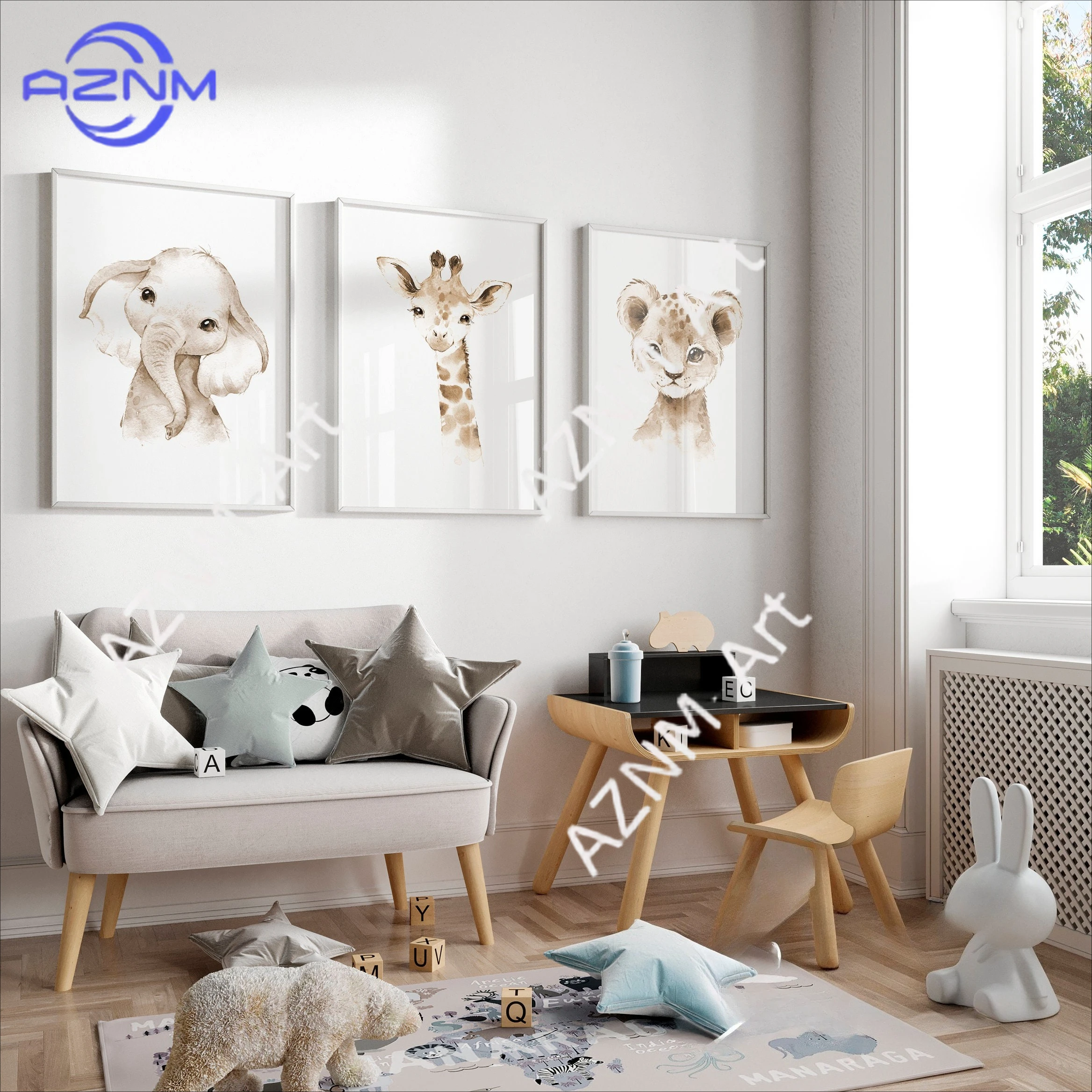 Baby Nursery Gender Neutral - 1 Buah/3 Buah Seni Dinding Hewan