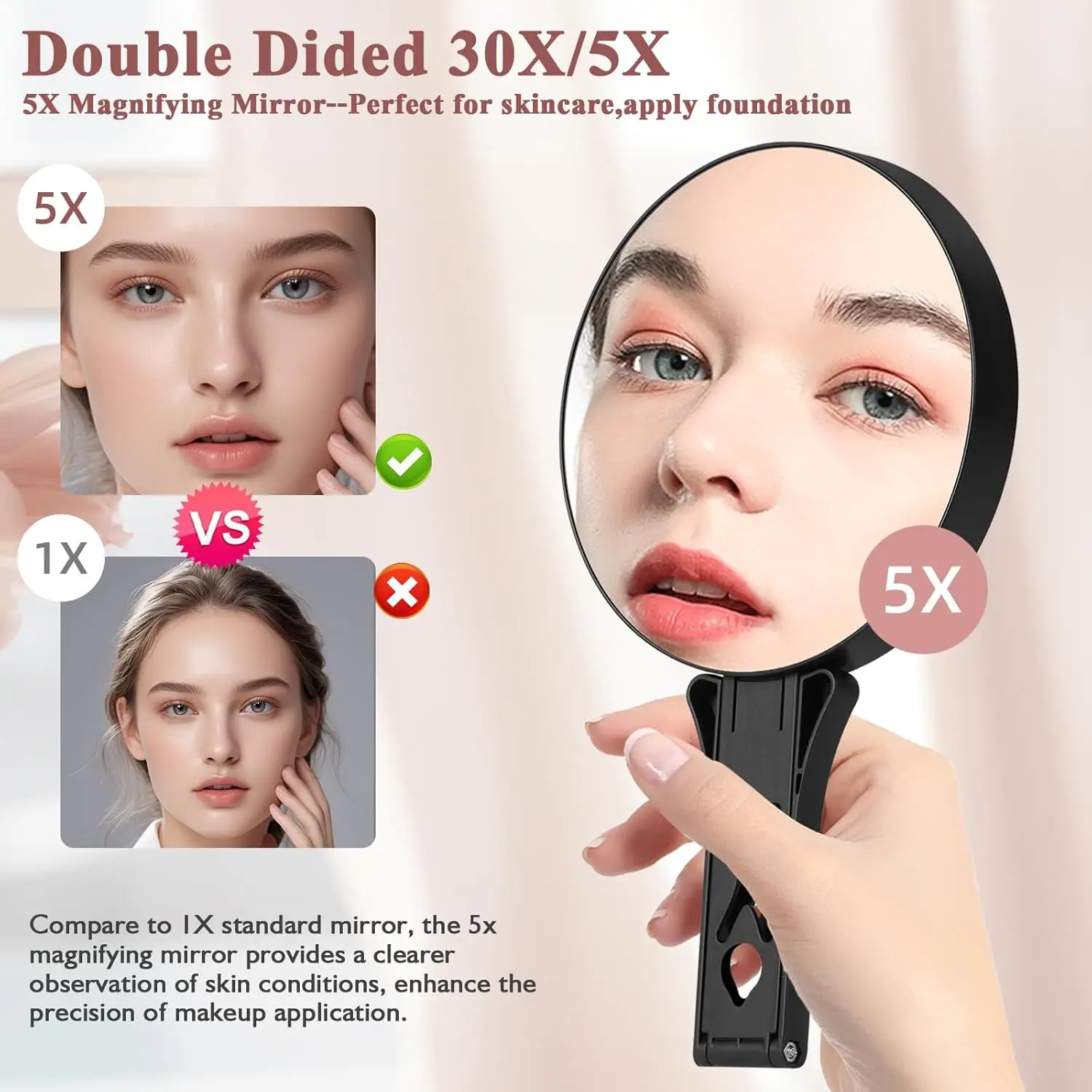 Doppelseitiger Handspiegel, 30 x/5 x Kosmetikspiegel, Reise-Handspiegel mit Vergrößerung, mit Griff und Tischständer
