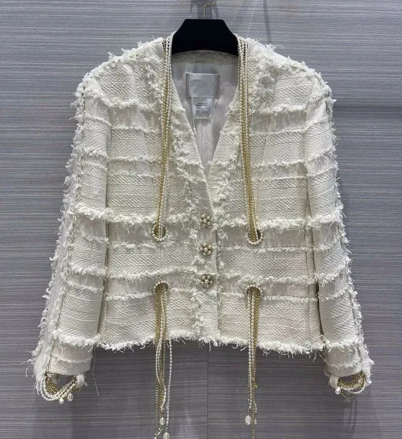 

Tassel wool fringe braided tweed jacket women's 2022 new V-neck pearl chain coat