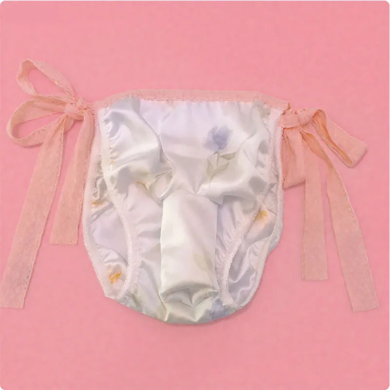 Glossy Soft Lace Up Waistband Underpants Live Show Costumes Sexy Men Silky Touch Floral Panties With Sheath Adjustable Briefs