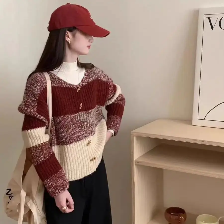 Korean Style Knitted Cardigan Artistic Gradient Striped Women Autumn Winter New Color Matching Loose Sweater Jacket Top