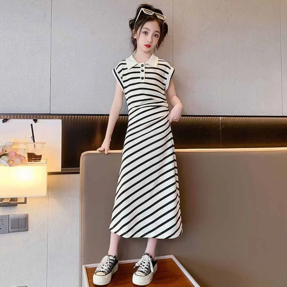 

Elegant Princess Children Stripe Long Dress Short Sleeve Teenagers Summer Kids Dresses Party Skirt Girls Stripe Dress Students