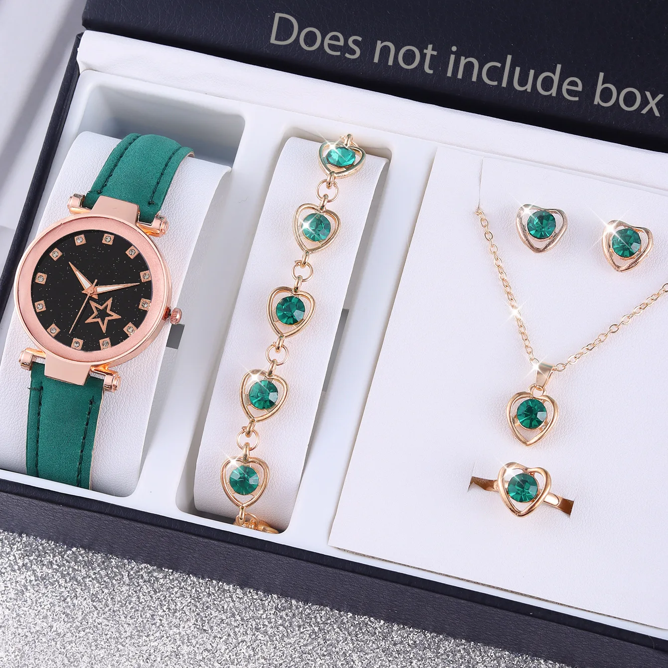 

6Pcs Ladies Fashion Simple Designer Moon Star Digital Rhinestone Leather Quartz Watch Luxury Love Emerald Necklace Jewelry Set