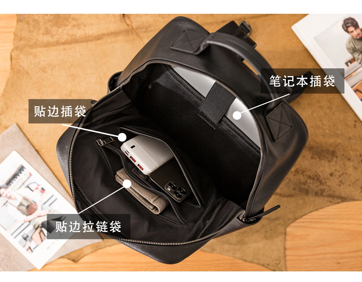 PNDME outdoor travel luxury genuine leather men's laptop backpack simple casual designer handmade cow leather black bookbag