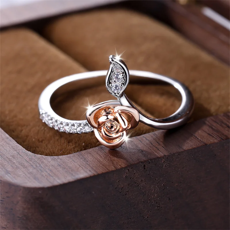 Delicate Small Rose Flower Promise Engagement Rings For Women Two Tone Gold Silver Color White Zircon Stacking Wedding Band