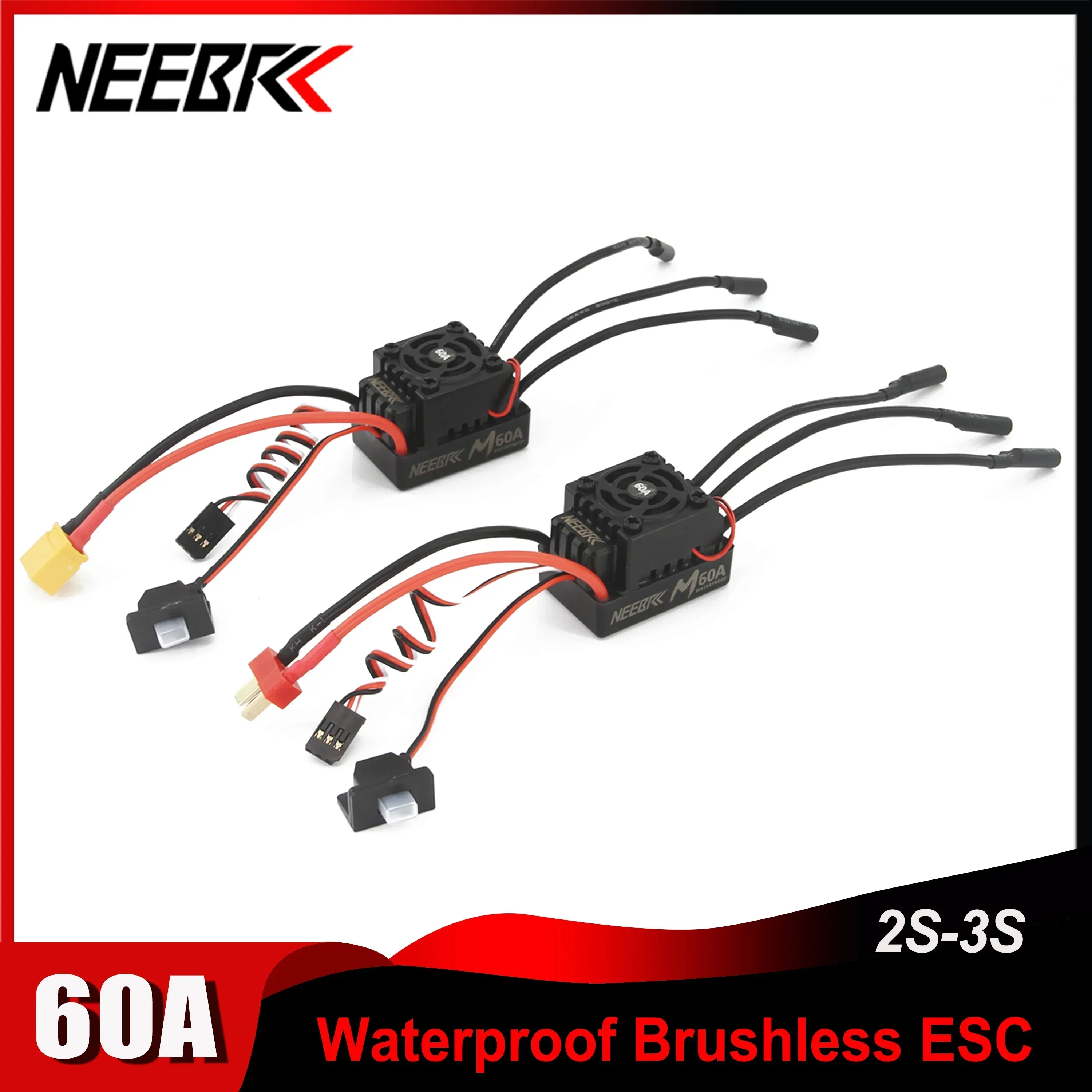 NEEBRC M Series 60A Waterproof ESC T XT60 Plug 2-3S Electronic Speed Controller for 1/10 1/12 1/14 RC Car 3650 Brushless Motor