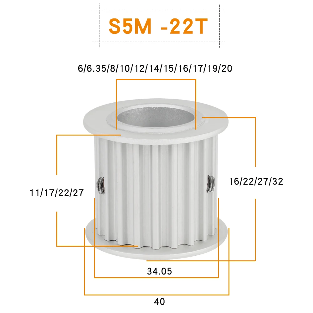 Toothed Pulley S5M 22T Flat Top Circular Tooth 11/17/22/27mm Width 5mm Pitch Alloy Pulley Bore 6/6.35/8/10/12/14/15/16/17/19mmm