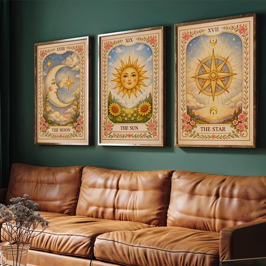 （NoFranme 3PCS）-2D Flat, 3pcs Vintage Card Canvas Wall Art, The Sun, Moon And Star Mystical Celestial Prints, Witchy Boho Dec