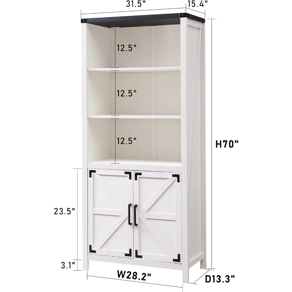 Farmhouse Storage Cabinet, 5 Tier Bookshelves, Multifunctional Locker with Doors and Adjustable Shelves, White