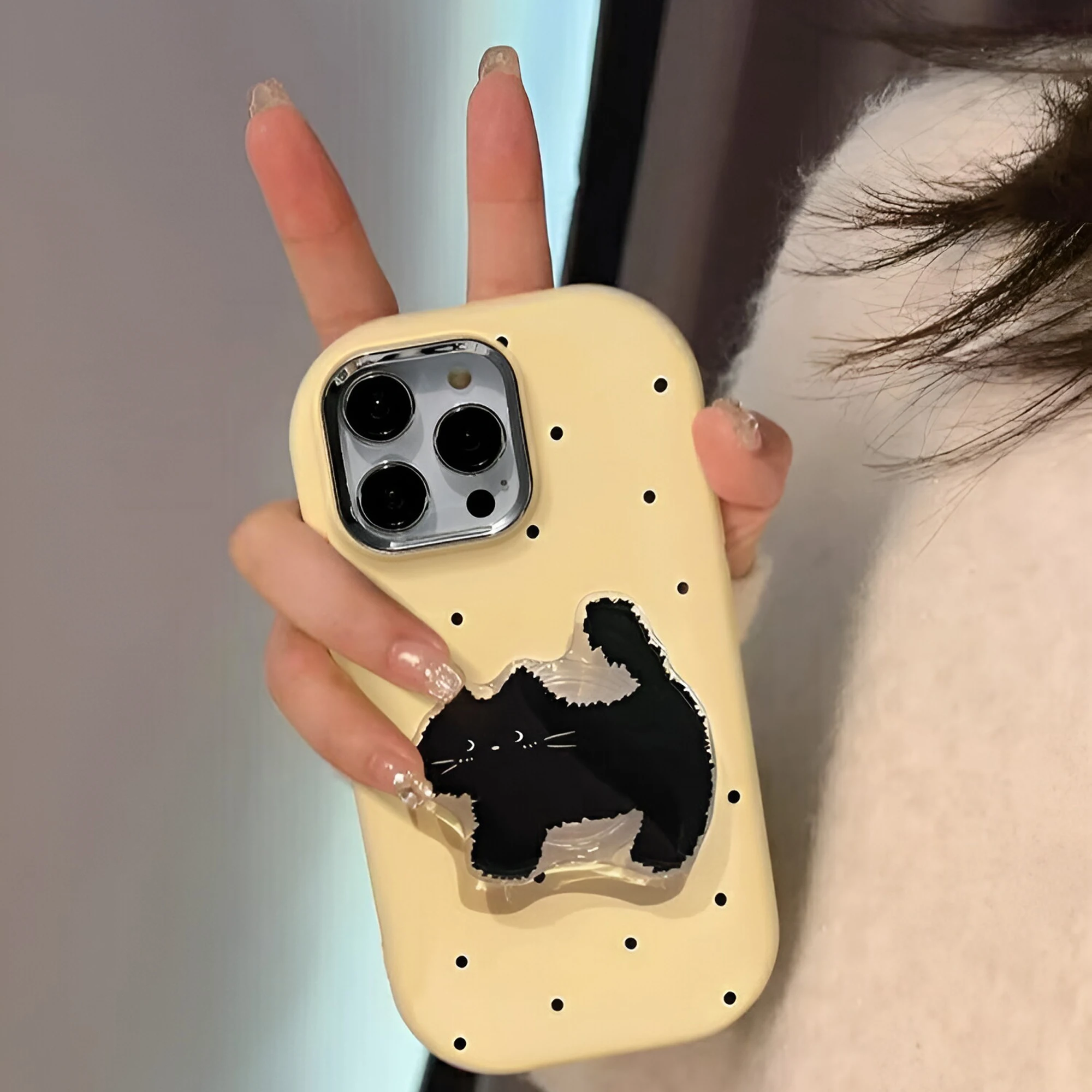 Cute Polka Dot TPU Phone Case With Cat holder For iPhone 15 14 13 12 11 Pro Max Drop Resistant Cartoon Phone Case