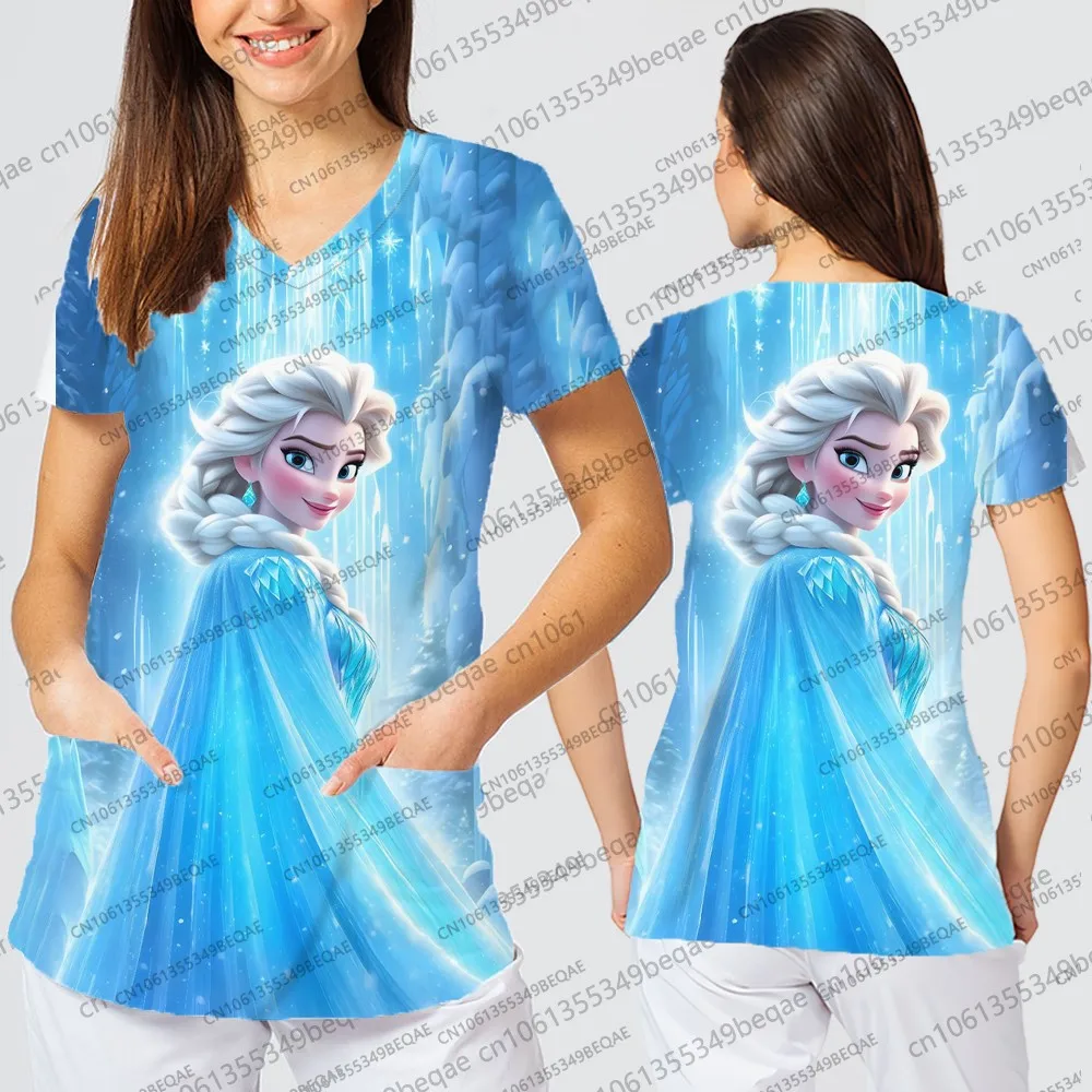 2025 الصيف Y2k الخامس الرقبة قصيرة الأكمام المرأة تي شيرت مع جيب ديزني الطباعة العصرية الأعلى ملابس الشارع الشهير الإناث